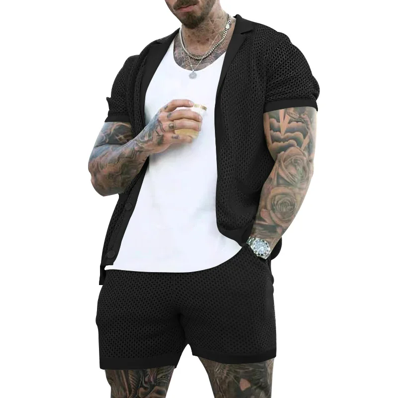 2026 Sommer Herren Ausgehöhltes Dünnes Zweiteiler-Set: Kühles, Atmungsaktives Kurzarm-Oberteil mit Passenden Shorts – Lässiges Alltagsoutfit im lockeren Schnitt – Detail 24