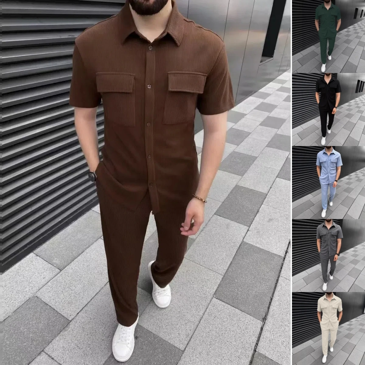 Spring and Autumn New Men's Solid-Color Casual Suits, Multi-Pocket Short-Sleeved Shirts and Pants Stylish Two-Piece Set