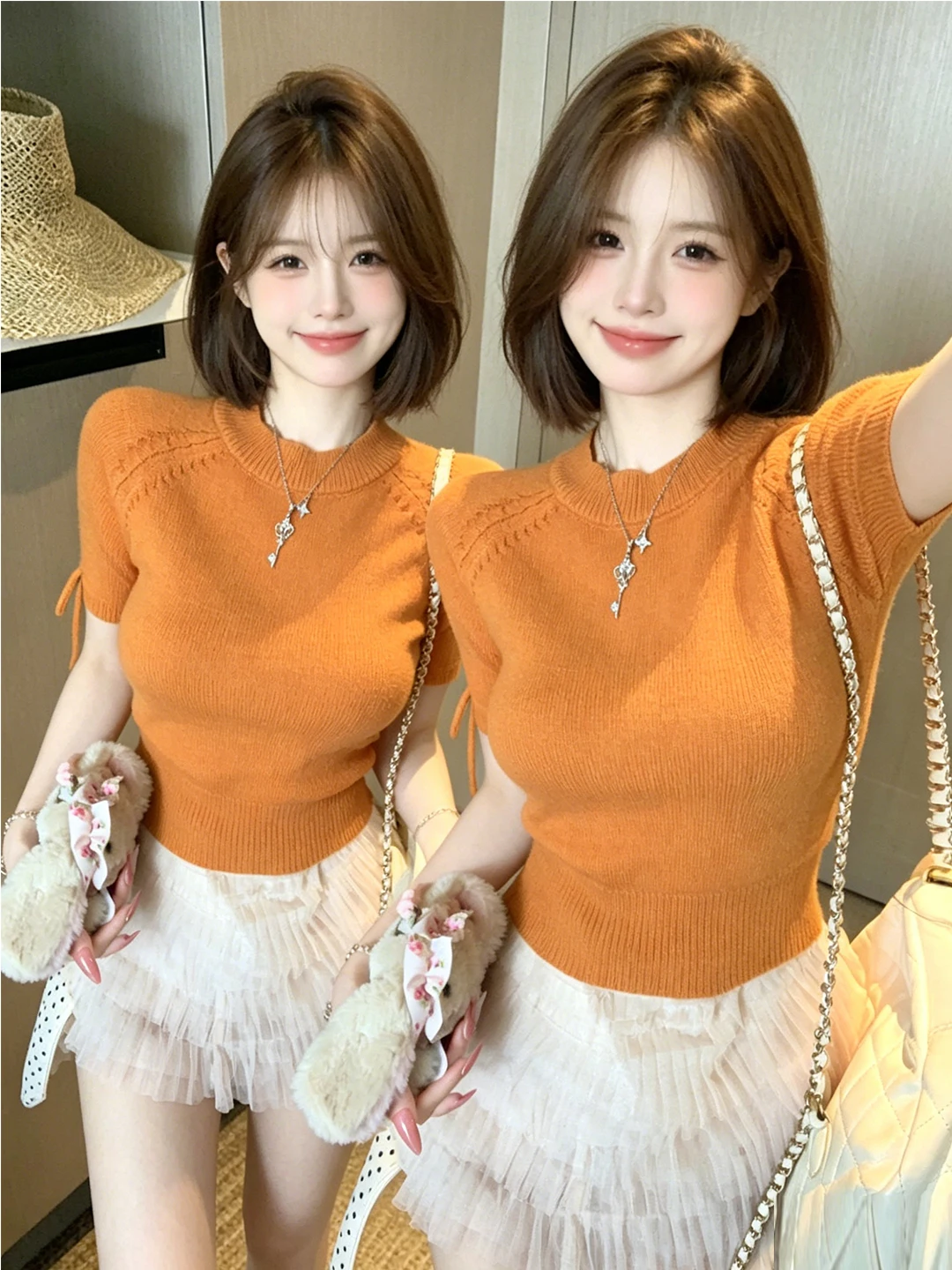 

Anti-Aging Orange round Neck Tied Knitted Short Sleeve Women's Top Slimming Summer New Style Casual Soft Polyester Fiber