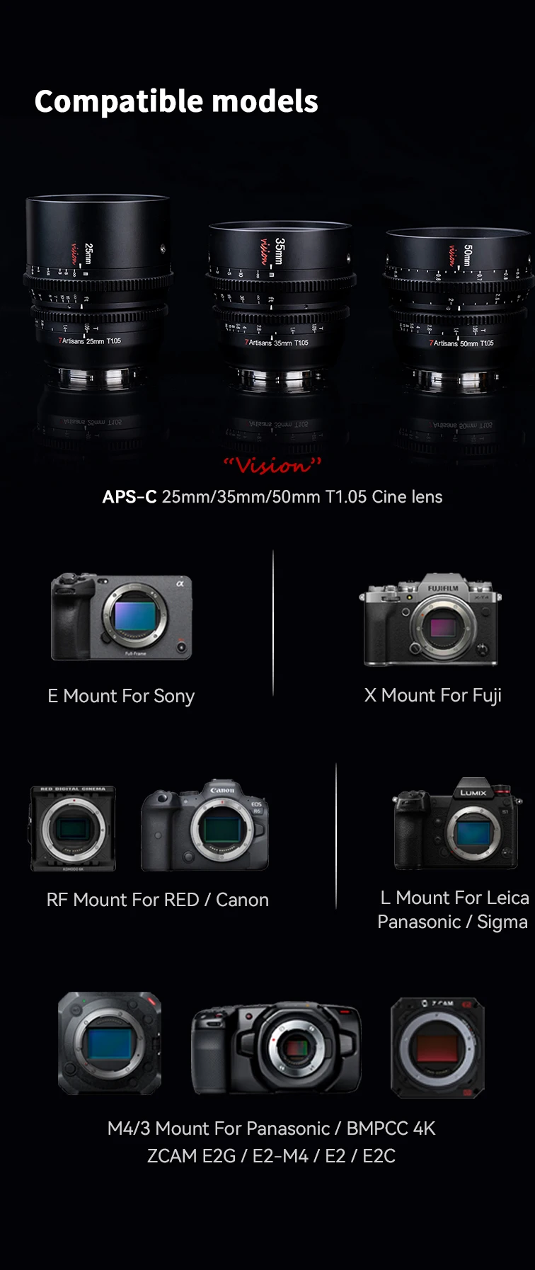 7artisans 25mm 35mm 50mm T1.05 APS-C Cine Cinematic Lens for NEX Sony E Canon R RF Fuji X M4/3 Leica L Sigma Panasonic BMPCC 4K