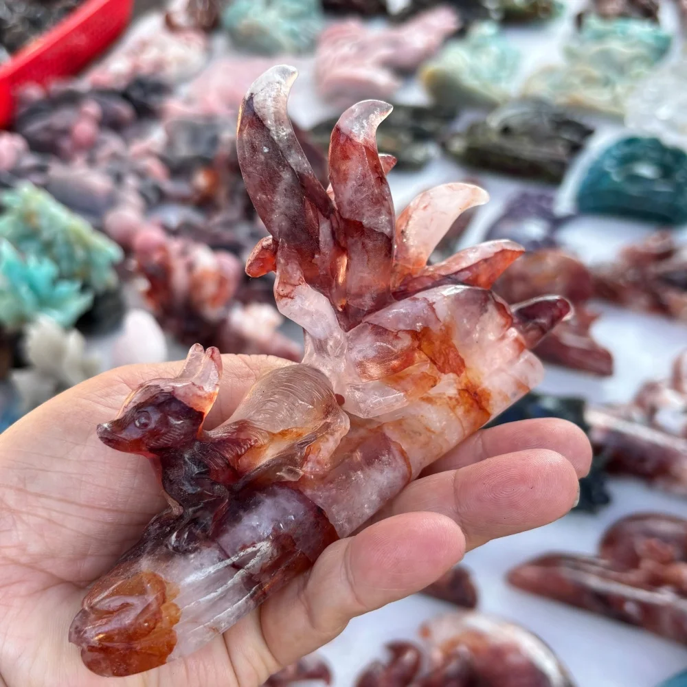 Natural Hematoid Quartz Nine Tailed Fox Carving Handmade Crystal Figurine Reiki Healing Stone Home Desktop Decoration Spiritual