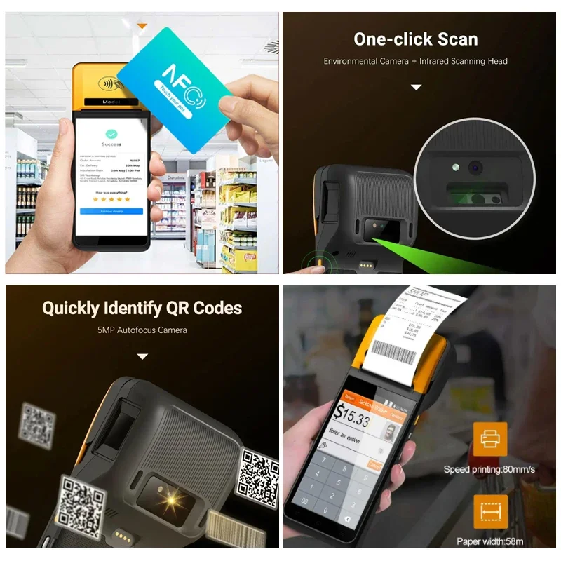 M MM5 "3GB + 16GB الكل في واحد مطعم فواتير المحمول أندرويد 12 يده Pos محطة شاشة تعمل باللمس آلة مع 58 مللي متر الحرارية Pri