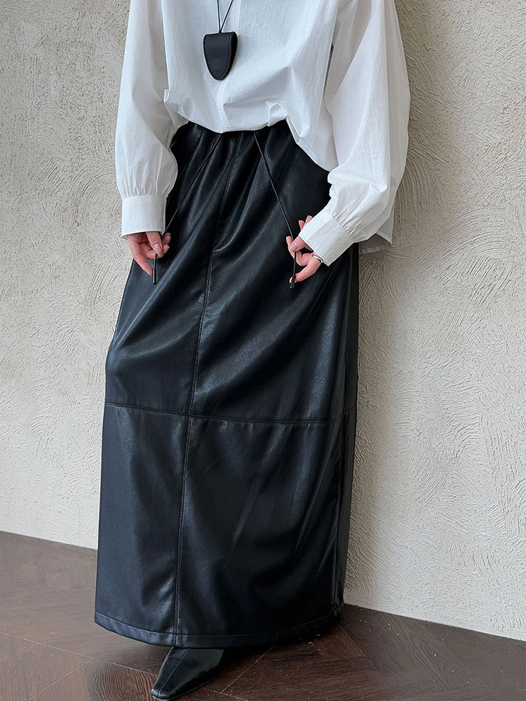 Fanan 2025 outono novas saias de couro para mulheres elásticas cintura alta a linha de comprimento médio saia vintage moda roupas femininas