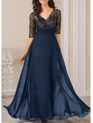 Vestidos largos de gasa de lujo para mujer, Media manga, cuello en V, vestido de cóctel fluido, transparente, lentejuelas, Maxi, elegante, dama de honor