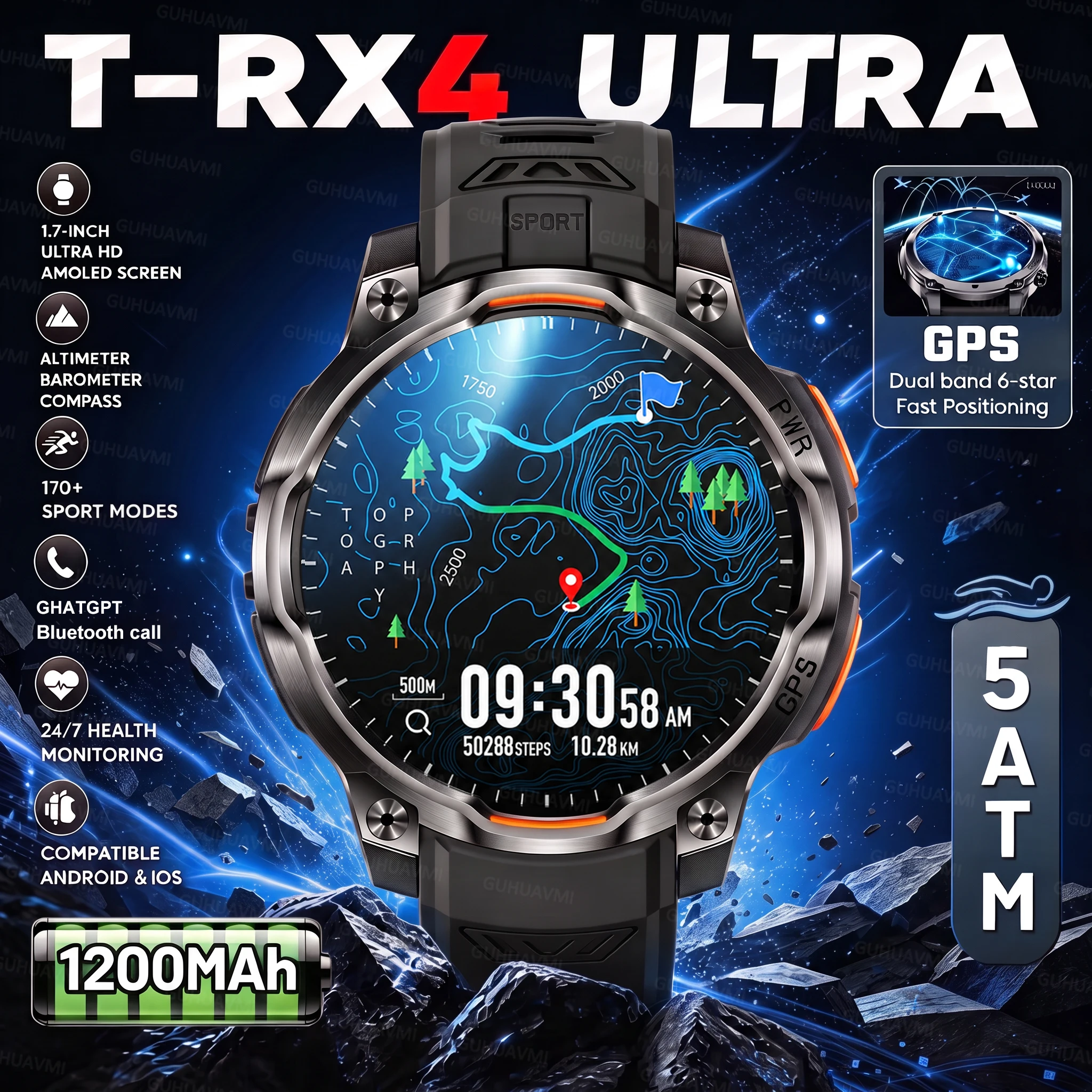 2026New Top Popular Outdoors Built in GPS Sports Smart Watch Men 1200mAh Compass Altimeter 5ATM waterproof Smart Watch T-RX4 Men