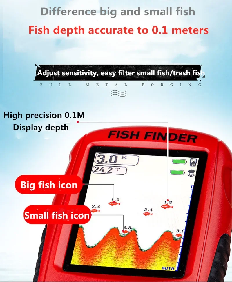 Update 200M Portable Sonar Fish Finders Smart Echo Sounder Fishing Finder Alarm Lake Sea Fishing 50m Depth  Detection angle 105