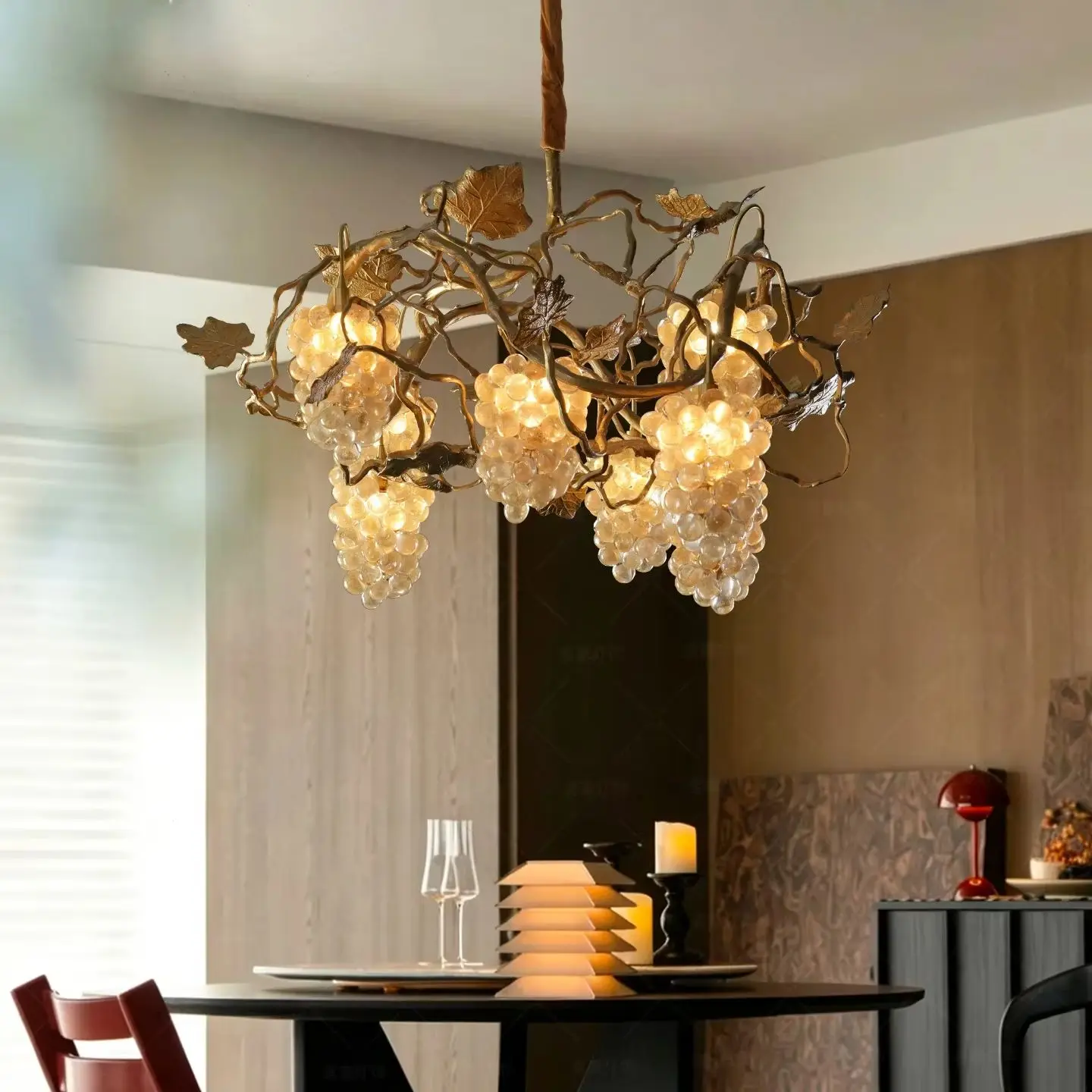 Copper grape pendant lamp, French retro glass crystal lamp, antique style restaurant pendant lamp