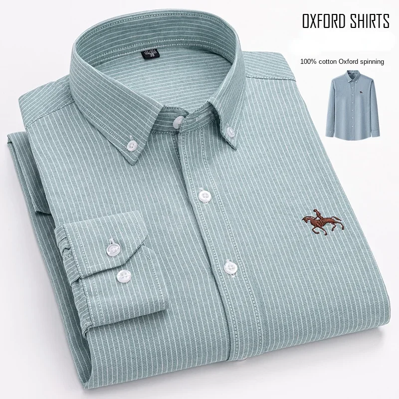 2026 Pure Cotton Oxford Man Leisure Embroidered Horse Shirts Streetwear Oversized  Men Shirt Floral Long Sleeve Casual Plus Size