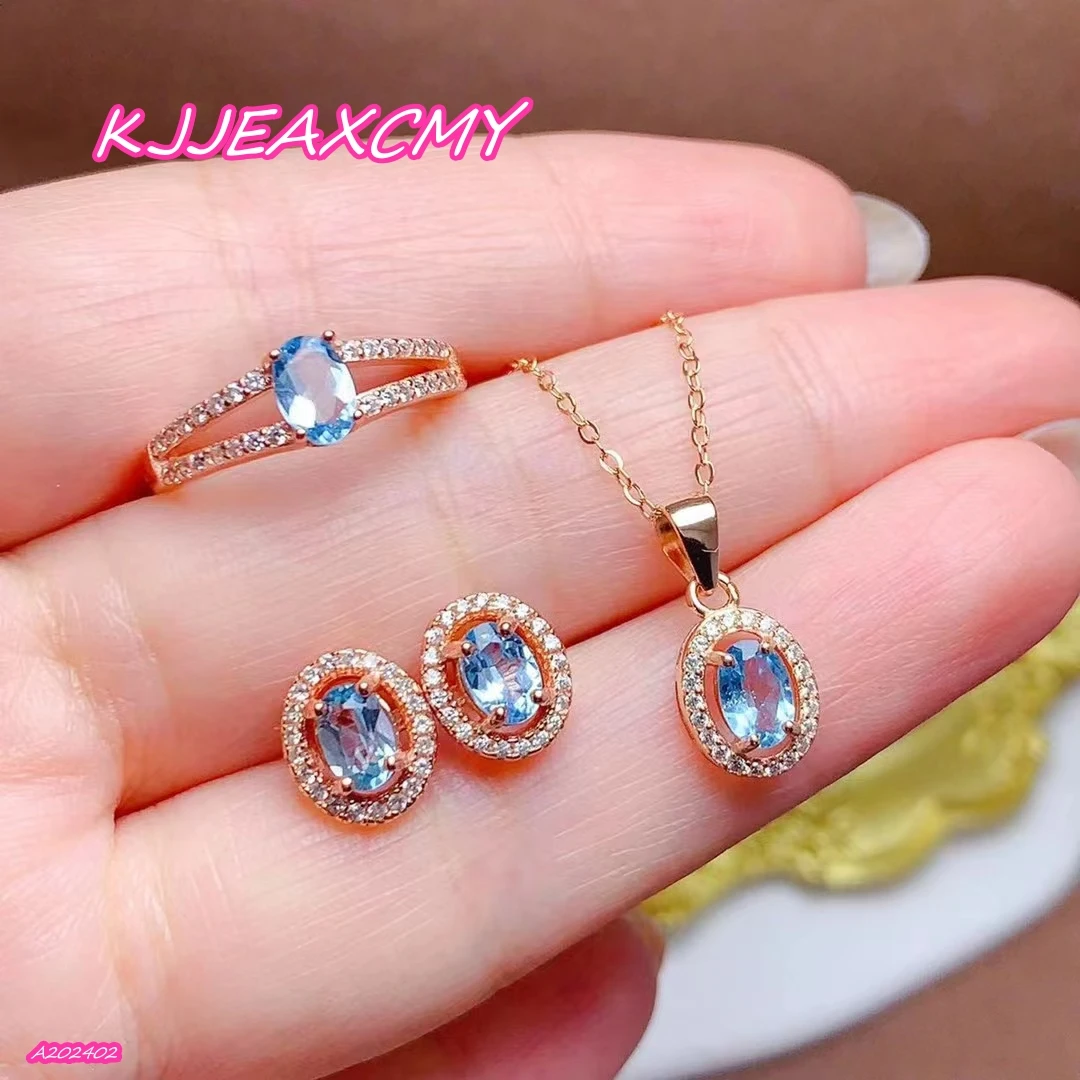 

KJJEAXCMY 925 Sterling Silver Natural Blue Topaz Gemstone Women's Earrings+Pendant+Ring 3-piece Set Girl's Party Birthday