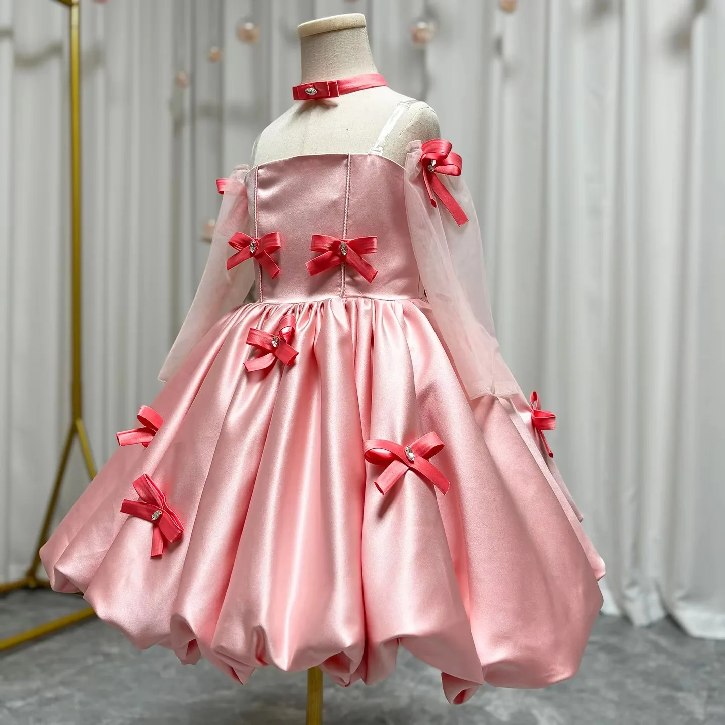Jill Wish J100 Elegant Pink Arabic Flower Girl Dresses with Glove Dubai Backless for Kids Wedding Birthday Holiday Party Gown