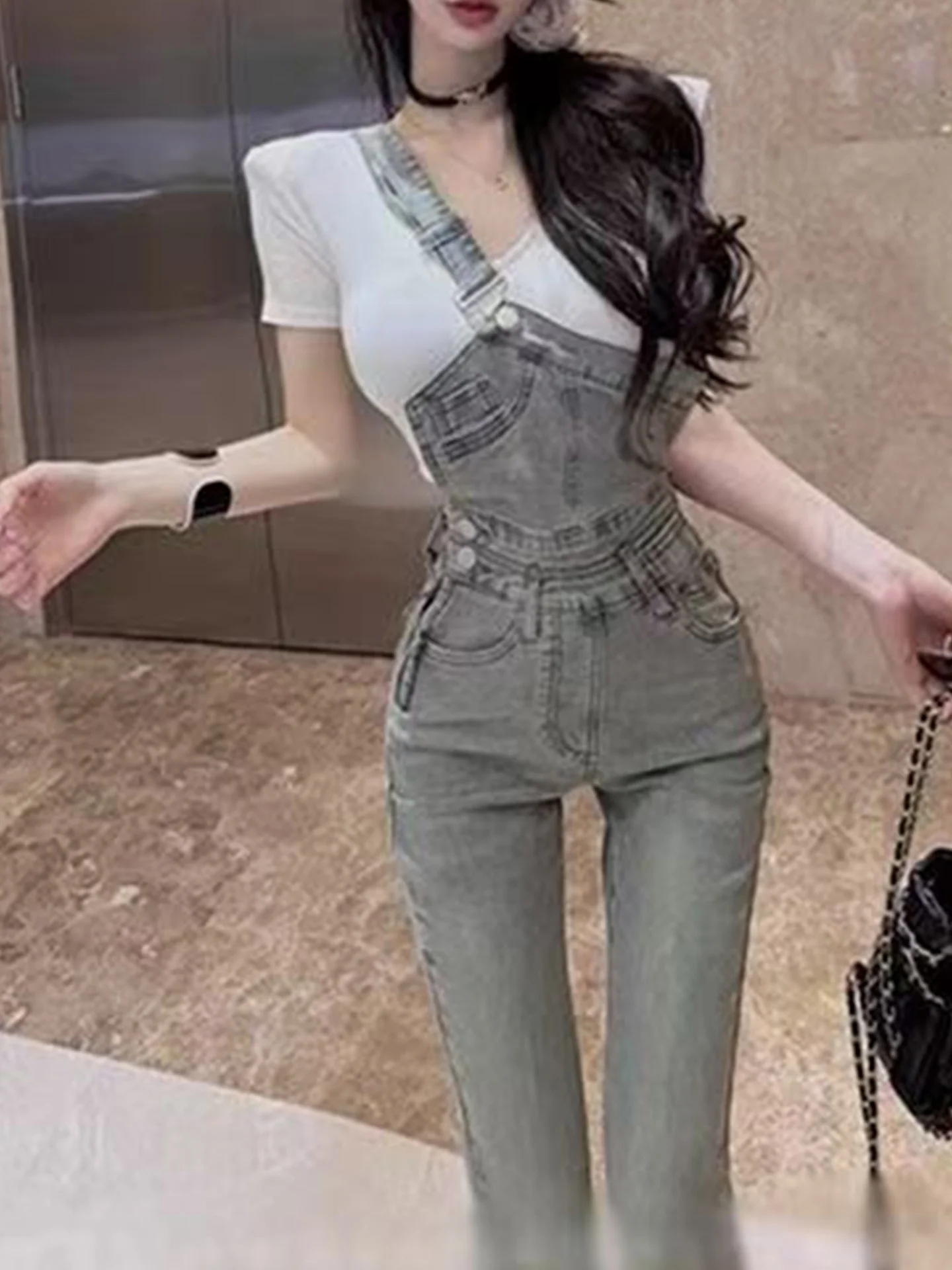 Retro Faded Denim Overalls Women's Slimming High Waist Bell Bottoms Single Shoulder Micro Flared Long Pants American Style