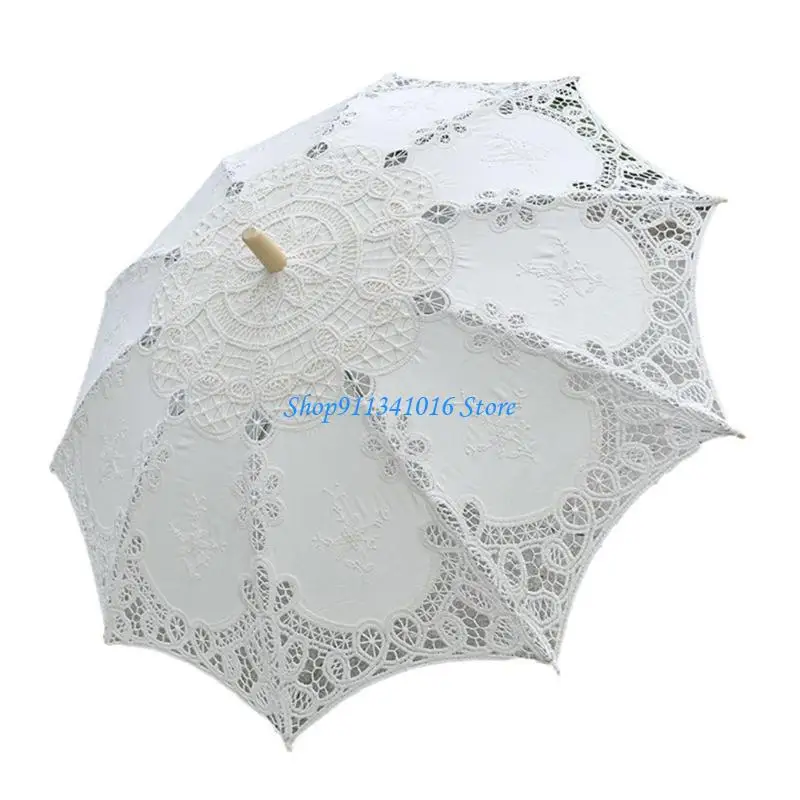  Elegant Lace Embroidered Umbrella   Wooden Handle for Wedding Decorative Parasol