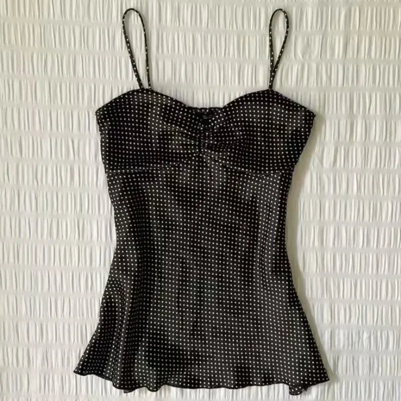 French Vintage Polka Dot Camisole Vest Women Summer Folds Sleeveless Y2k Crop Halter Tops Sweet hottie Slim Outerwear Tanks