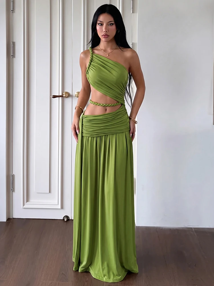 Sisterlinda Rope Patchwork Modekleid für Damen, sexy, hohler, schräger Kragen, gerüschtes Band, ärmellos, elegant, für Urlaub, Party, figurbetont – Detail 16
