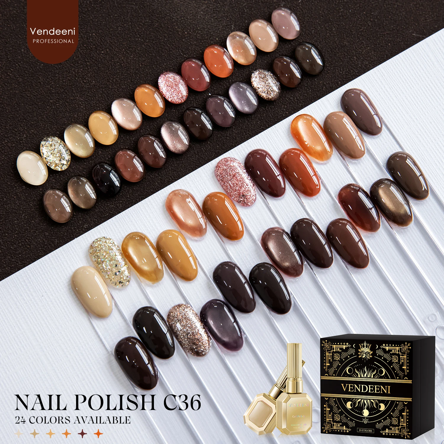 Vendeeni 24 Colors Caramel Brown Gel Nail Polish Mixed Set Pure Color Glitter Gel Varnish Magnetic UV Cat Eye Gel With Display
