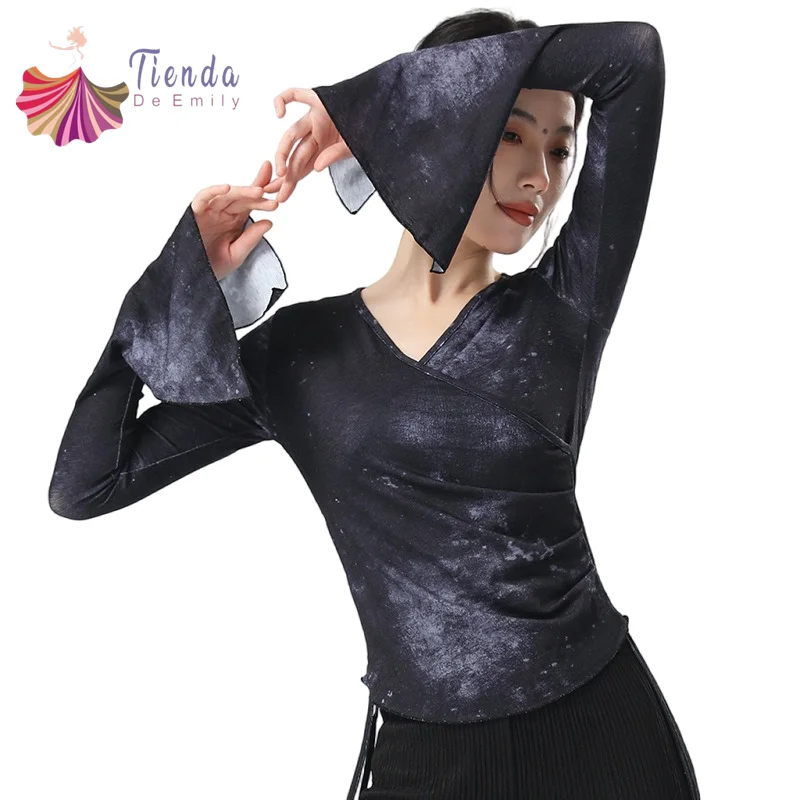 Gauze Print Floral Mesh Shirt Dancer Long Sleeve Thin Practice Top Body Rhyne Classical Training Wear Light Weight  2024 New