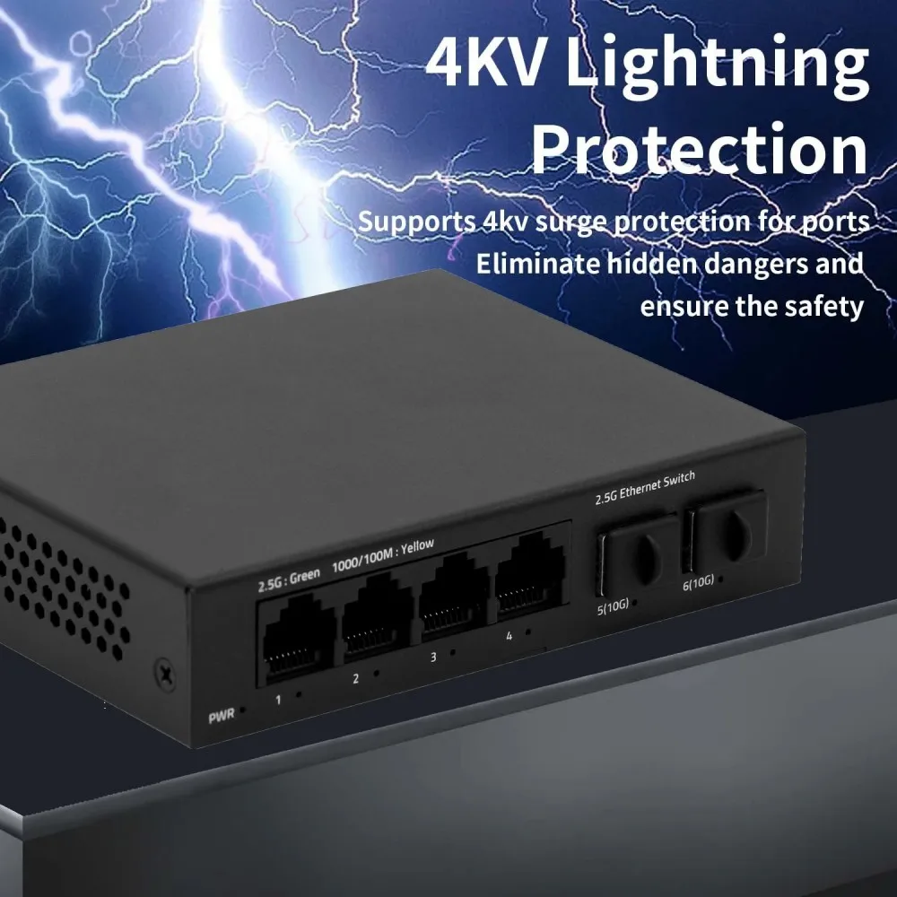 SunSoont 6 พอร์ต 2.5G Smart Web Managed Switch 4 x 2.5G Base-T พอร์ต 2 x 10G SFP + สล็อต, QoS/QoS/VLAN/IGMP, สวิตช์โลหะไร้พัดลม