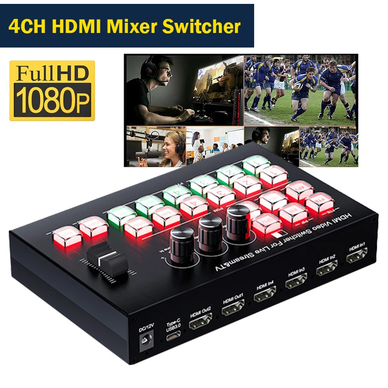 4 Channel HDMI Video Mixer Switcher 4x2 1080P Broadcast Multi Camera Live Streaming Switcher Support PGM PVW PIP OBS Recording
