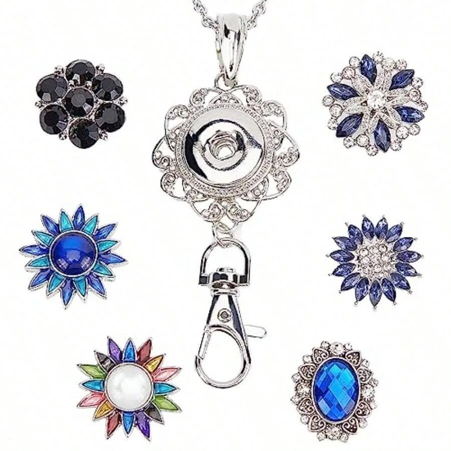 

1 Box ID Badge Lanyard Snap Button Lanyards Flower Rhinestone Lanyard Necklace Badges Holder Kit Interchangeable Lanyards Stain