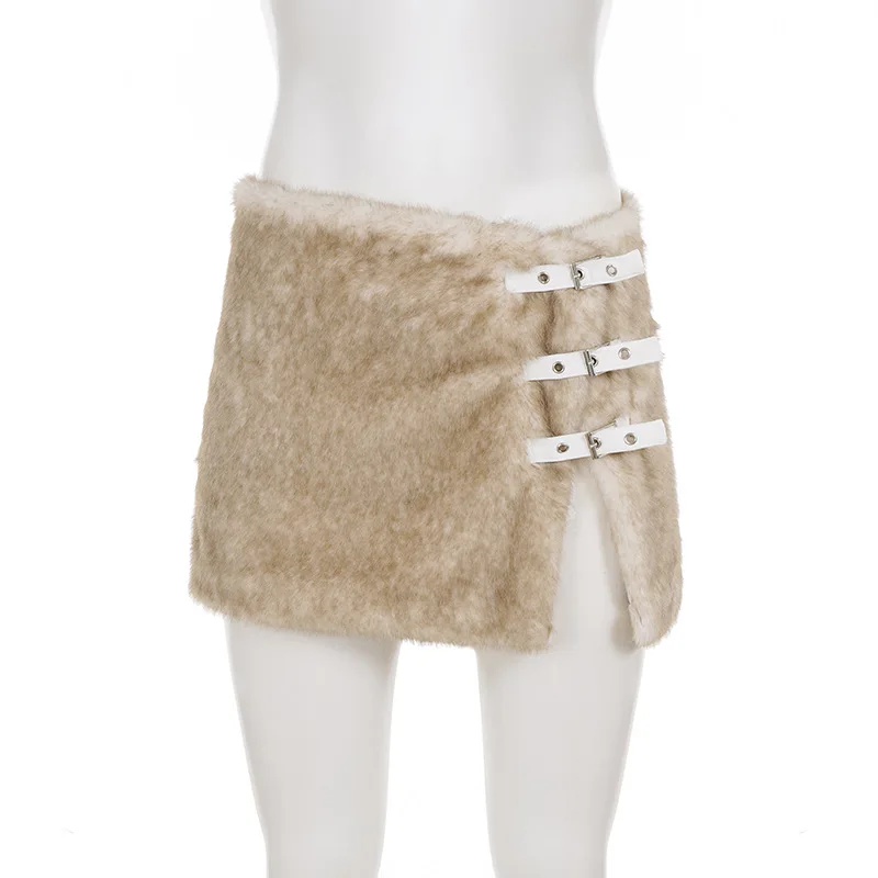 크리스마스 가을 겨울 따뜻한 불규칙한 퍼 버클 스플릿 스커트 스파이스 걸 개성 플러시 미니 스커트 여성용