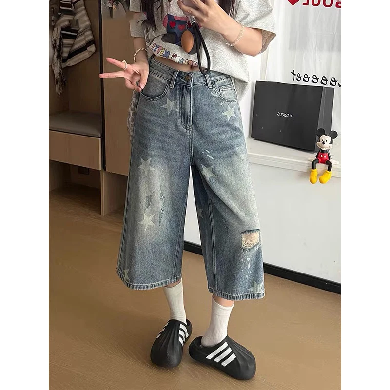 

ZHIZOU Summer Women American Retro Blue Ripped Jeans Shorts Y2K 2000s Harajuku Baggy Star Denim Shorts Streetwear High Street