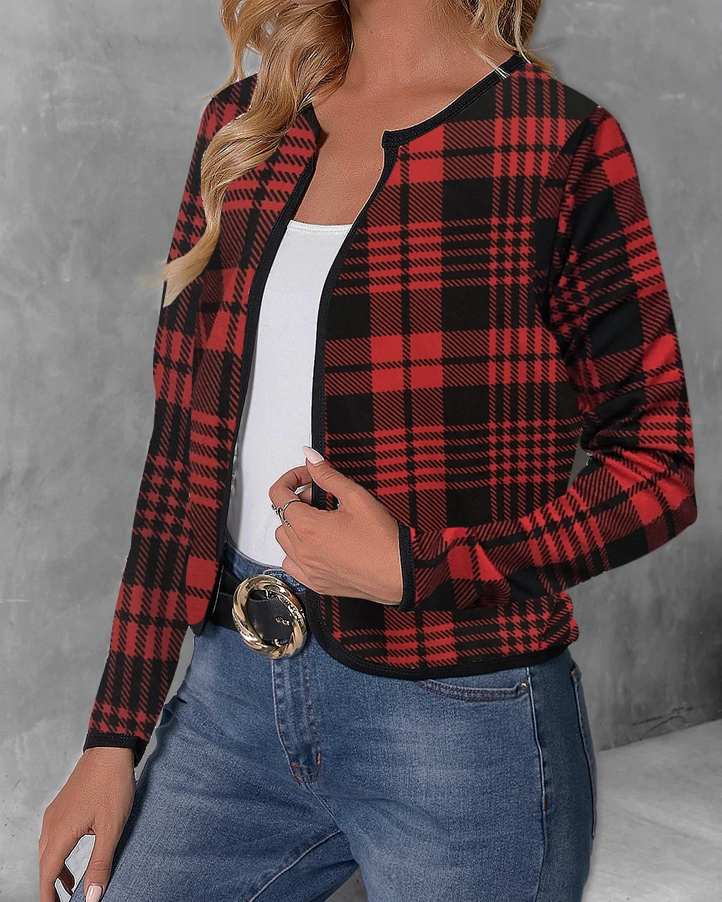 Women Fashion Plaid Printed Jacket Coats Casual Full Long Sleeve Cropped Outerwear Tops Ladies Basic Chic Jacket Coats