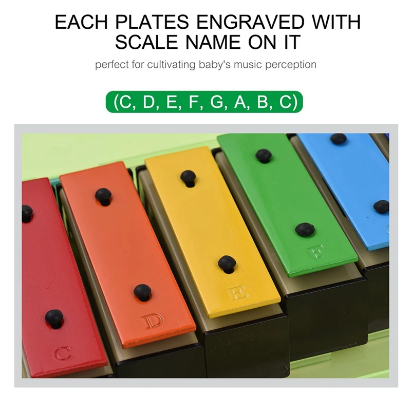 Glockenspiel colorido com bainhas plásticas, xilofone removível, placas de metal, 8-nota ressonador, caixa verde, cor do arco-íris, 1 conjunto