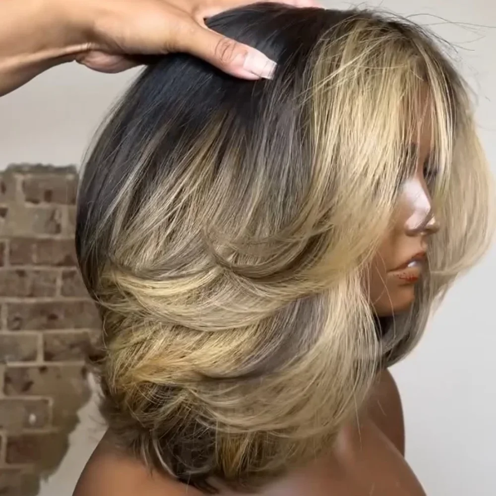 5x5 Closure Highlight Brown Blonde Human Hair Bob Wigs Balayage Short BOB 200% Density Pre Plucked Brazilian view 2