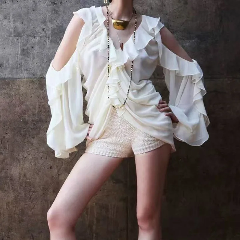 

2025 Summer New Fashion Sweet Temperament Women's Blouse with Ruffled Pleated and Off-Shoulder Design