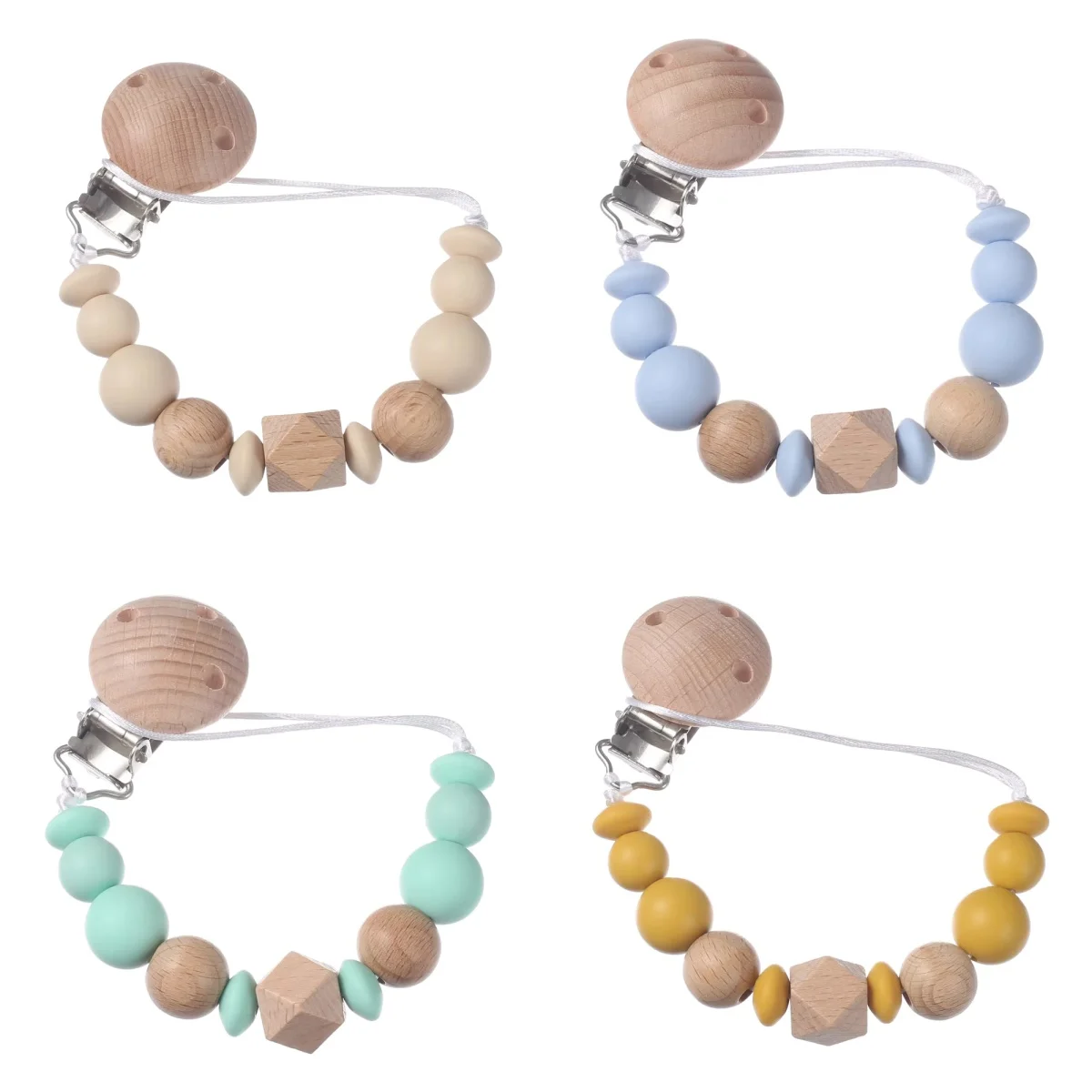 Schnullerclips aus Holz mit Silikonperlen, BPA-frei, DIY-Schnullerhalter, Schnullerkette, Baby-Zahnspielzeug, kaubares Geschenk für Kleinkinder