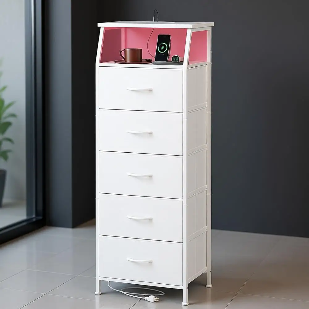 

Белая прикроватная тумбочка с USB-зарядкой и светодиодной подсветкой, для хранения вещей в спальне с тканевыми корзинами, идеально подходит для общежития, гардеробной, прачечной и прихожей