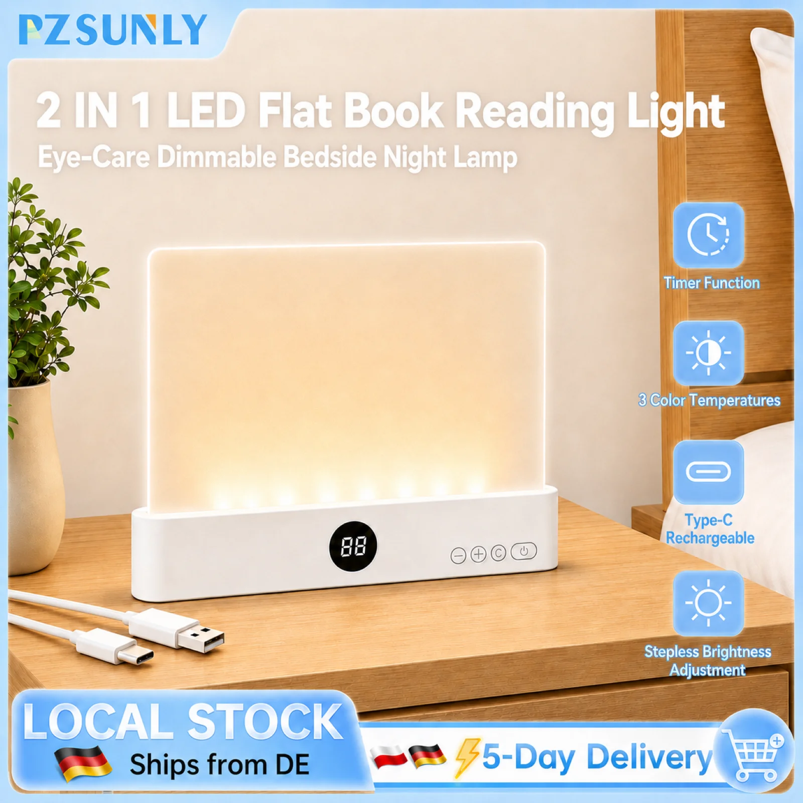PZSUNLY LED-Lesezeichen-Leselampe, batteriebetrieben, einstellbare Helligkeit, Augenschutz, tragbare Buchlampe für Studium, Schreibtisch, Nachttisch, Schlafzimmer, Reisen, Heimdekoration, Geschenk