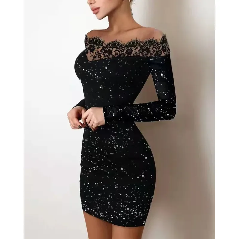 Hip Wrap Black Sheath Dress Slash Collar Slim-fit Hot Silver Bodycon Dress Women One-word Shoulder High Waist Sexy Evening Dress