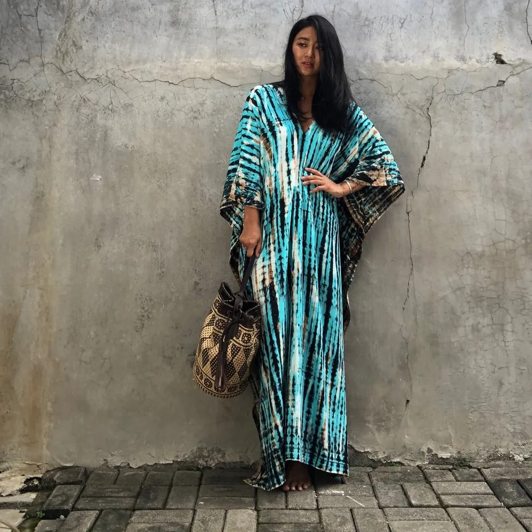 Plus Size Boho Cover Up luźna sukienka damska letnia krawat Dye Kaftan Print w paski z rękaw w kształcie skrzydła nietoperza dekoltem w szpic sukienka Maxi z rozcięciem sukienka plażowa