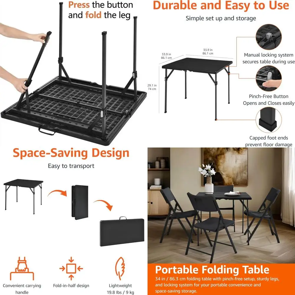 

34 Portable Sturdy Folding Dining Table with Handle, Space-Saving Storage, Square, 33.9x29.1x33.9, Black