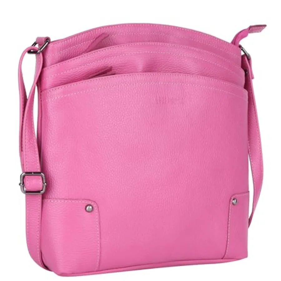 

Women's crossbody handbag for daily use, premium soft real leather, black, triple-zip organization and adjustable sling strap