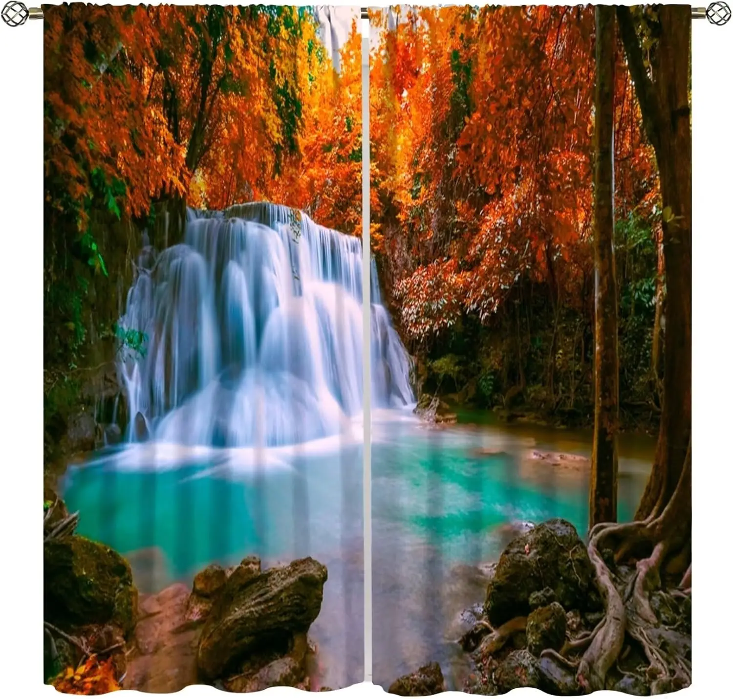 Waterfall Curtains，Spring Nature Theme Maple Landscape Scenery Pattern Waterproof Fabric Rod Pocket Window Drapes for Bedroom