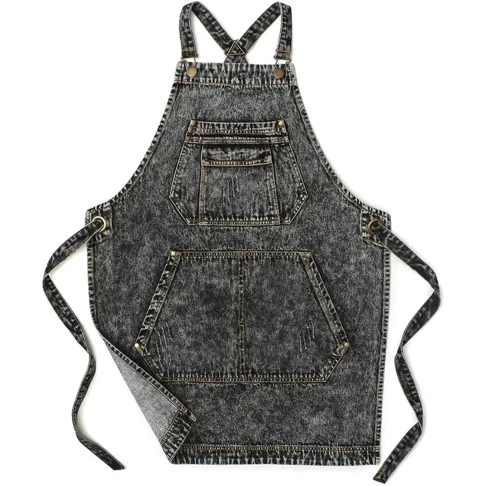 

Джинсовый фартук с карманами для парикмахеров, садоводов, мастеров, бариста, женщин-парикмахеров, с регулируемыми лямками, размеры S-L (черный)