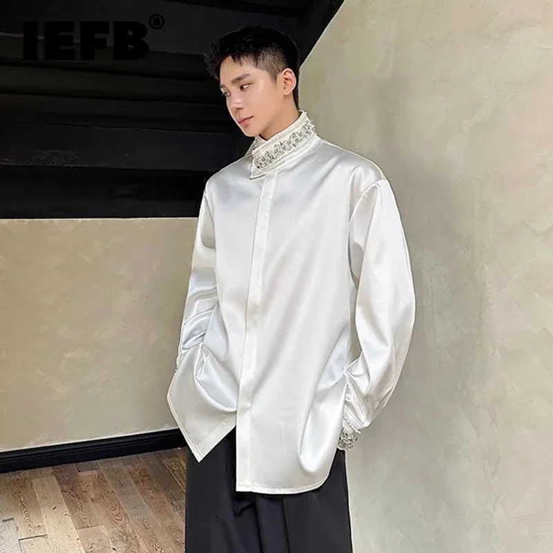 IEFB Stand Collar Satin Long Sleeve Shirt Autumn Men's Wear Diamond Decoration 2024 New Fashion Trend Single Breasted 9C7199