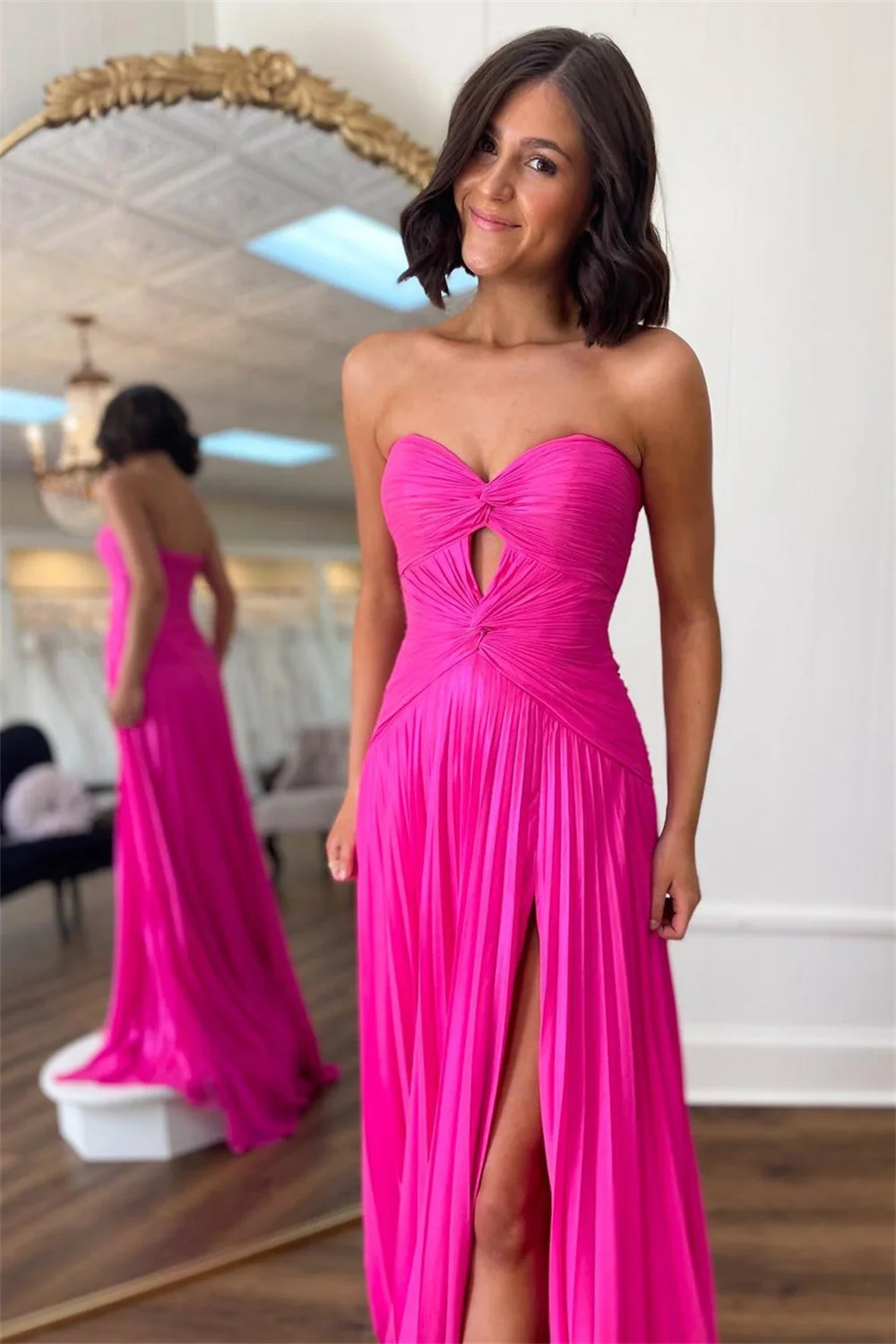 Cathy Hot Pink Chiffon Prom Dresses Strapless A-line vestidos de noche Elegant Sleeveless Side Split Side Formal Evening 2024