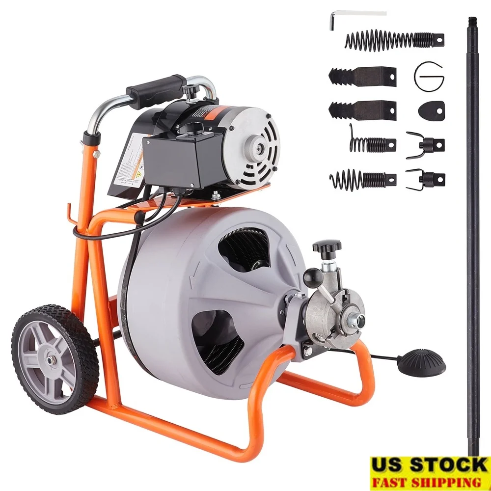 

100FT Drain Cleaning Auger with Auto Feed 3/8 Inch Steel Cable 8 Interchangeable Cutters Foot Switch Portable Design