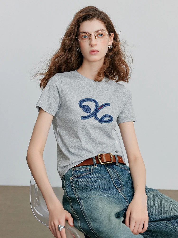 Slim Fit Cotton T-irt Women's Summer New Bla ort Denim Patch Embroidery Top round Ne Commute Sle Casual Faion