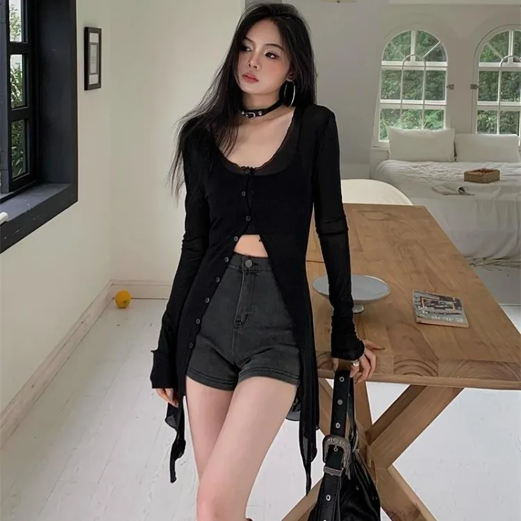 Simple Single Breasted Black Tops Women Summer New Sun Protection Mesh Cardigans Y2k E-Girl Long Sleeve Mid-length Blouses