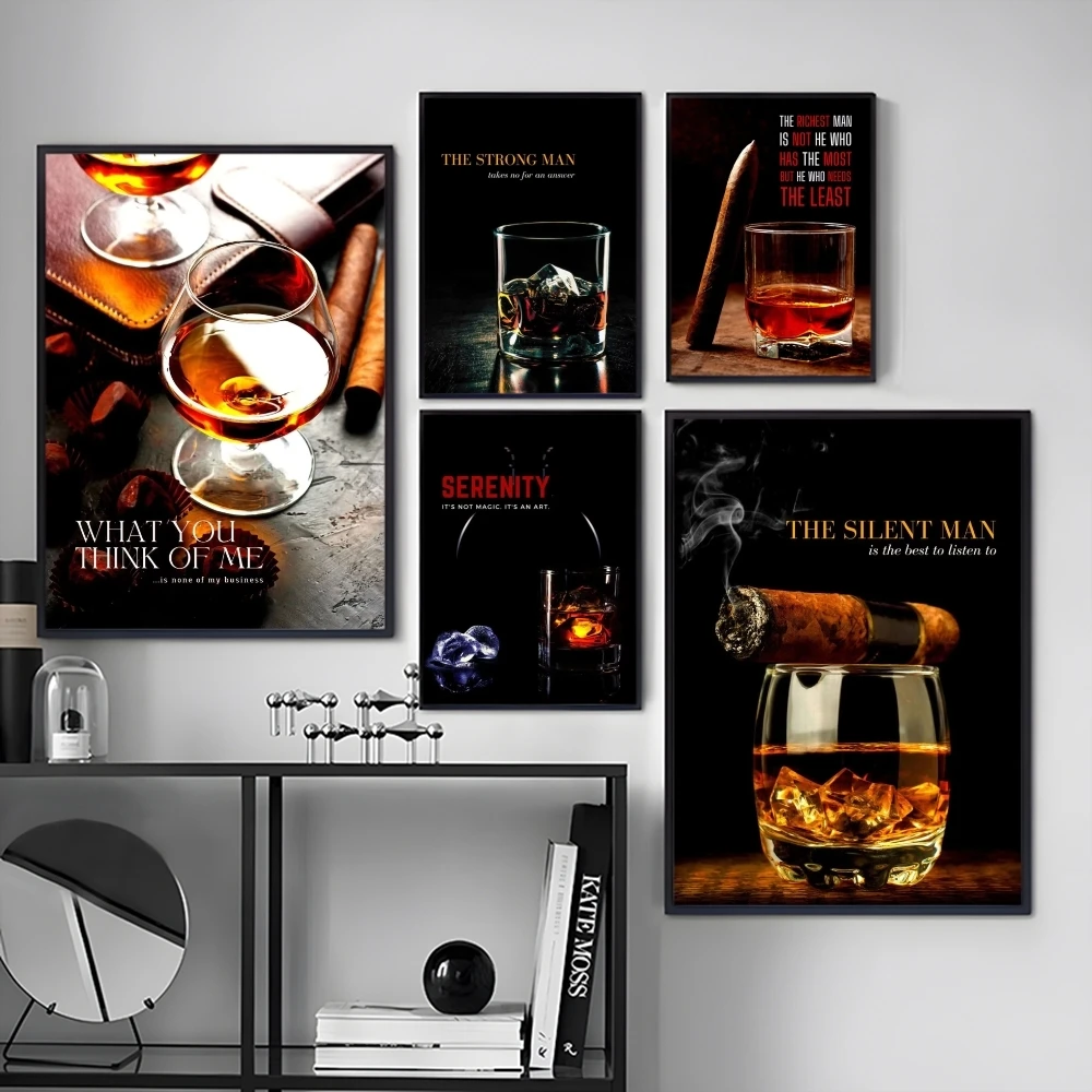 Whiskey Cigars Cocktail Painting Calligraphy Canvas Poster Art for Bedroom Living Room Home Decor Wall Decoration Decals Gift