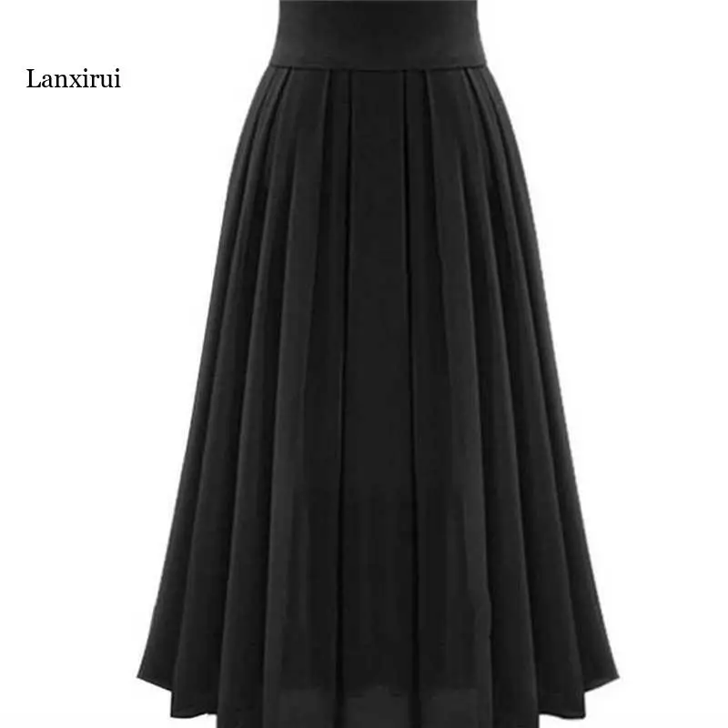 Retro Pleated Waist Double Chiffon Maxi Layer Long Women Elastic Hot Skirt