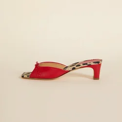 Red/leopard Square Toe High Heel Slippers Open Toe Women Retro Thick Heel Kitten Heel Sandals Mule Bow Fashion Slip On Sandals