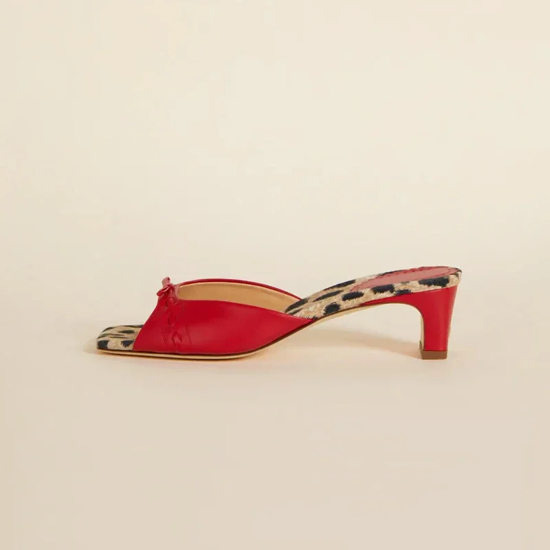 Czerwony/leopard Square Toe High Heel Slippers Open Toe Women Retro Thick Heel Kitten Heel Sandals Mule Bow Fashion Slip On Sandals