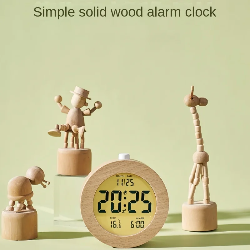 Nordic Style Solid Wood Digital Alarm Clock, Modern Minimalist Multifunctional Lcd Electronic Bedside Alarm Clock - Handmade