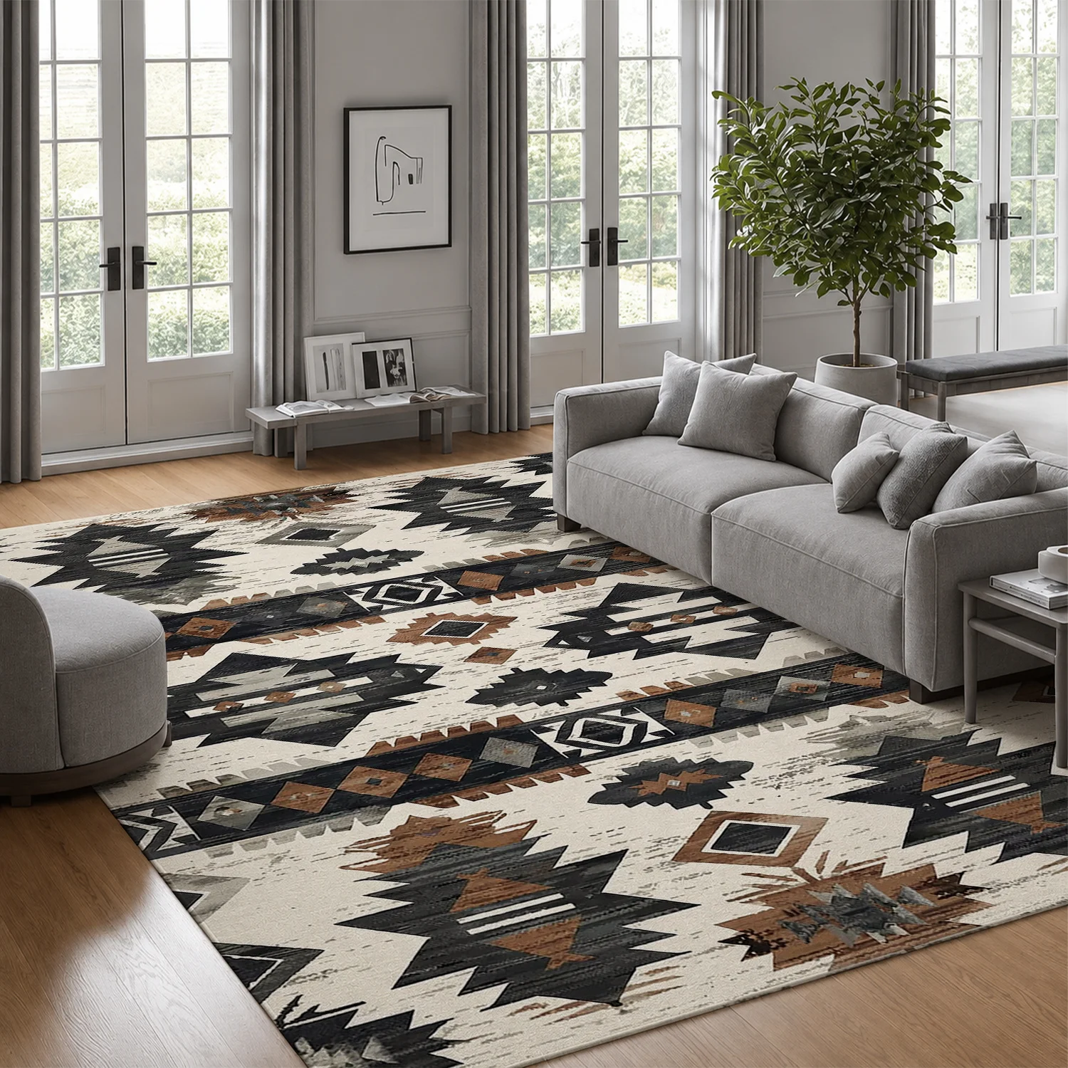 Large Indoor Area Rug, Soft Velvet Low Pile Non-slip Dotted Backing Machine Washable Tribal Aztec Geometric Pattern Floor Rug for Living Room Bedroom, Vintage Boho Style Carpet for Entryway Home Decor