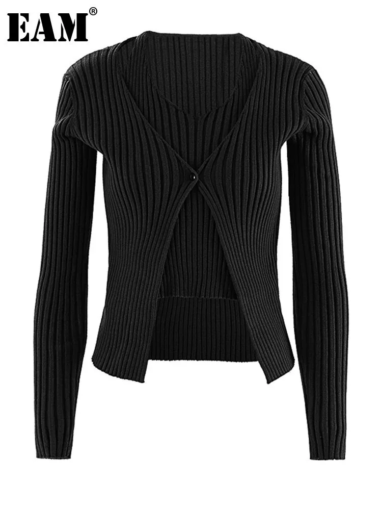 

[EAM] Black Hollow Out Irregular Knitting Cardigan Sweater V-Neck Long Sleeve Women New Fashion Tide Spring Autumn 2024 CPG1894